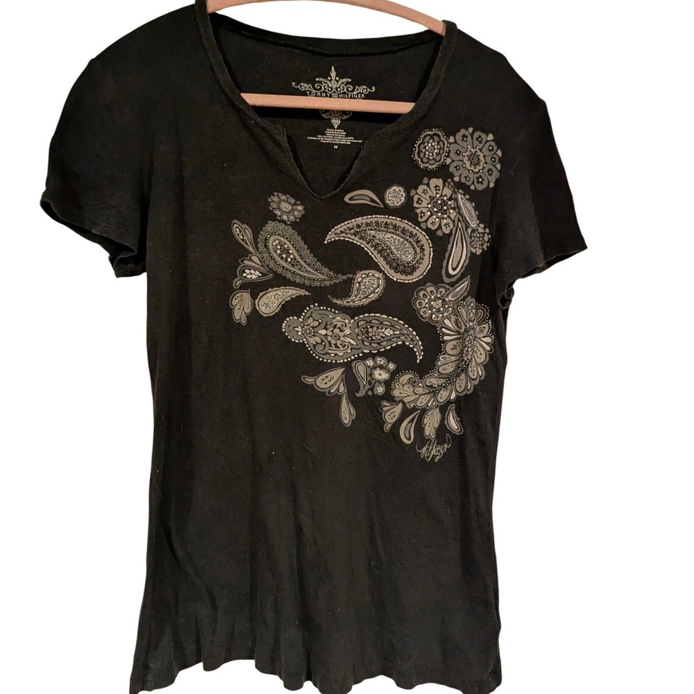 Tommy‎ Hilfiger Tee Sz M Black Paisley Floral Beaded Rhinestone Boho Y2K Graphic